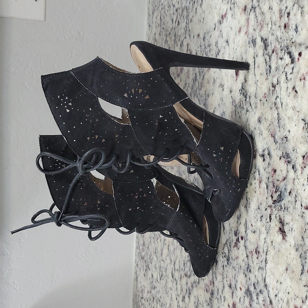 Women black lace up heel booties